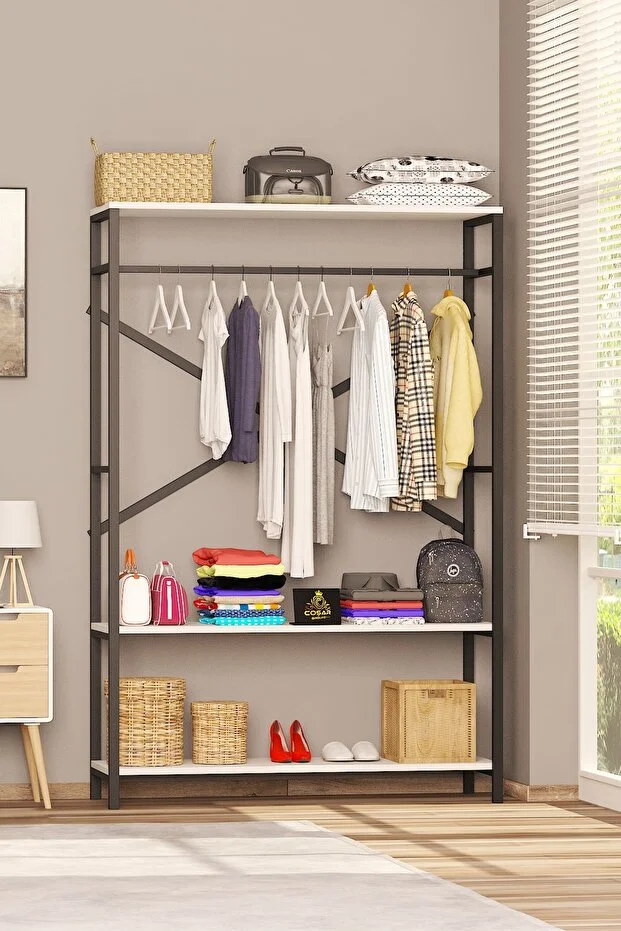 Metal Masif Ahşap Desenli Yonga Levha Açık Giyinme Dolap